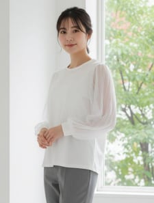 パールデザイン袖チュールカットソー