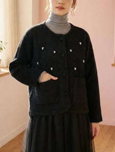 パール付きノーカラーニットジャケット