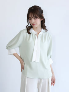 配色ボウタイパールブラウス