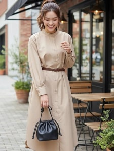 ノーカラーシャツロングワンピース