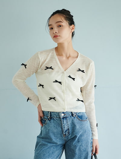 リボン付シアーカーディガン