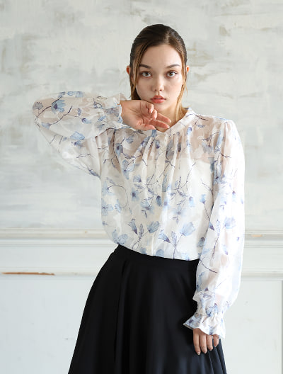 前開きジャガード花柄ブラウス