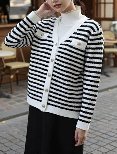 ボーダー金ボタンニットカーディガン