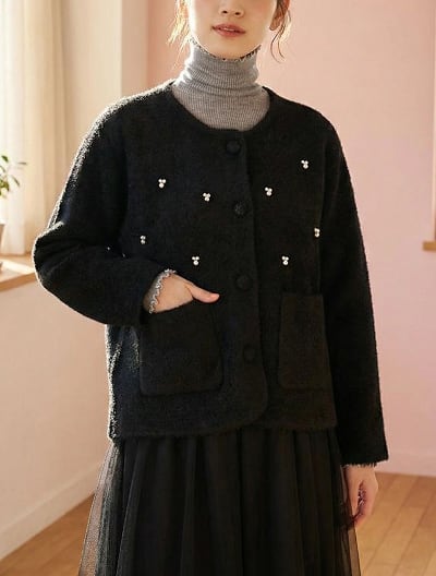 パール付きノーカラーニットジャケット