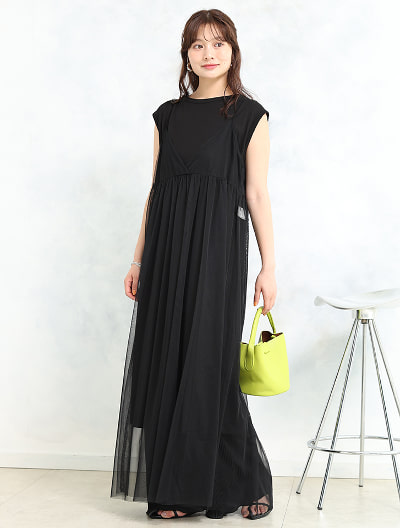 チュールキャミ付きフレンチスリーブワンピース