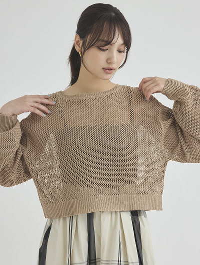 メッシュ編みラメニット