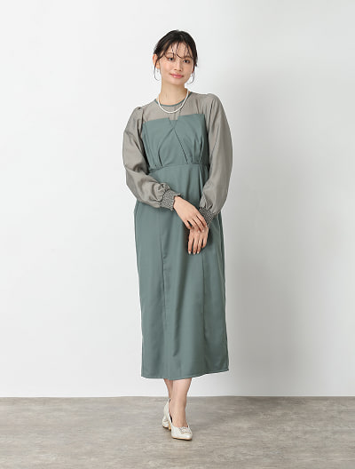 袖シャーリングドッキングワンピース