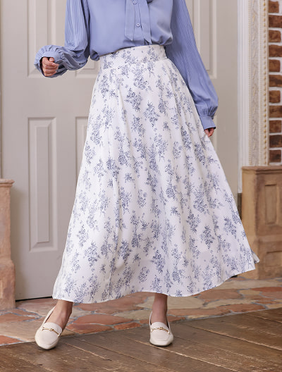 フラワープリントバックゴムフレアスカート