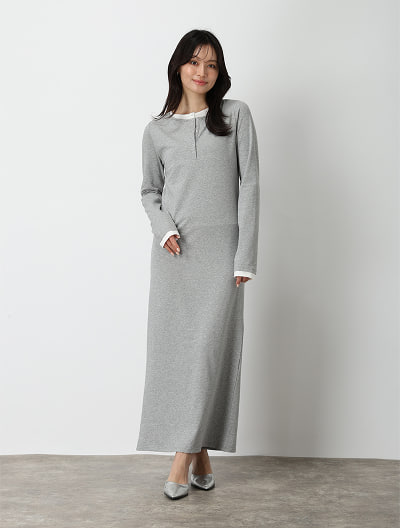 レイヤード見えヘンリーネック配色ワンピース