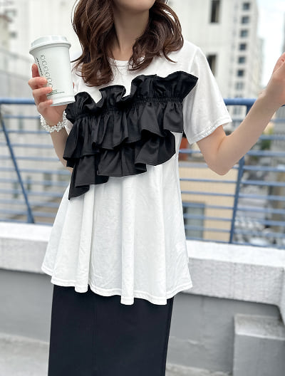 異素材フリルドッキングTシャツ