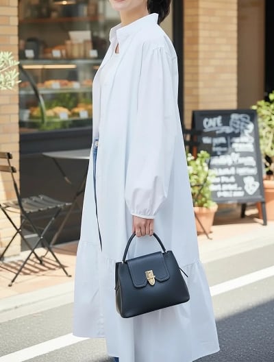 バントカラーギャザーワンピース