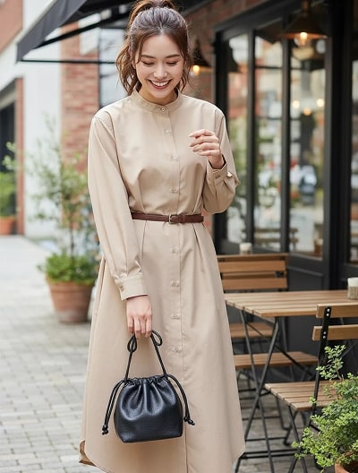 ノーカラーシャツロングワンピース