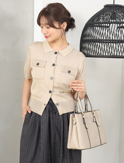 衿付半袖ニットカーディガン