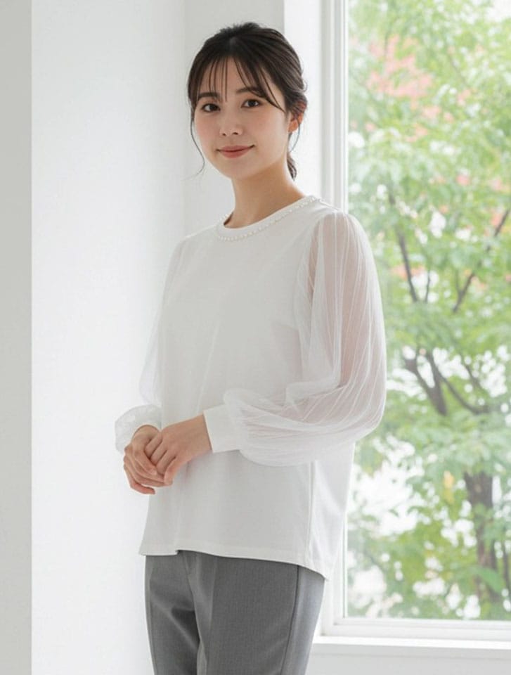 パールデザイン袖チュールカットソー