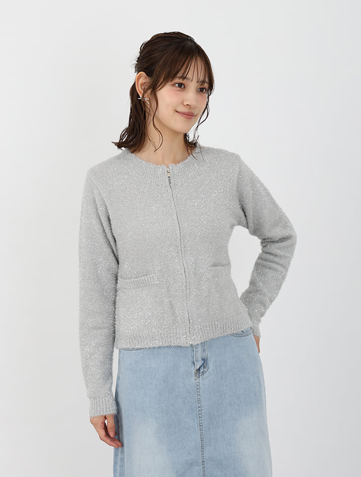 ラメフェザージップカーディガン