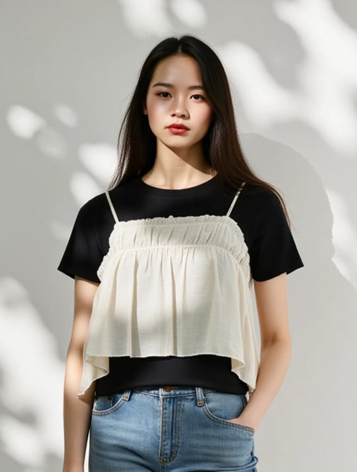 ギャザービスチェ付きTシャツ