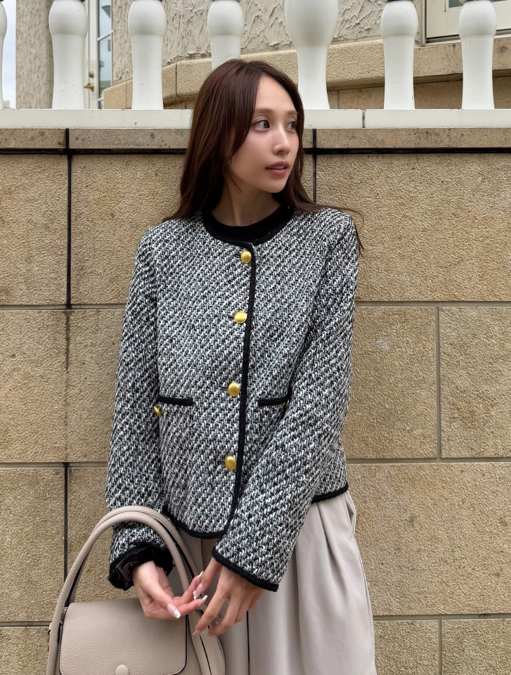【harukaセレクト】ノーカラーツイードジャケット