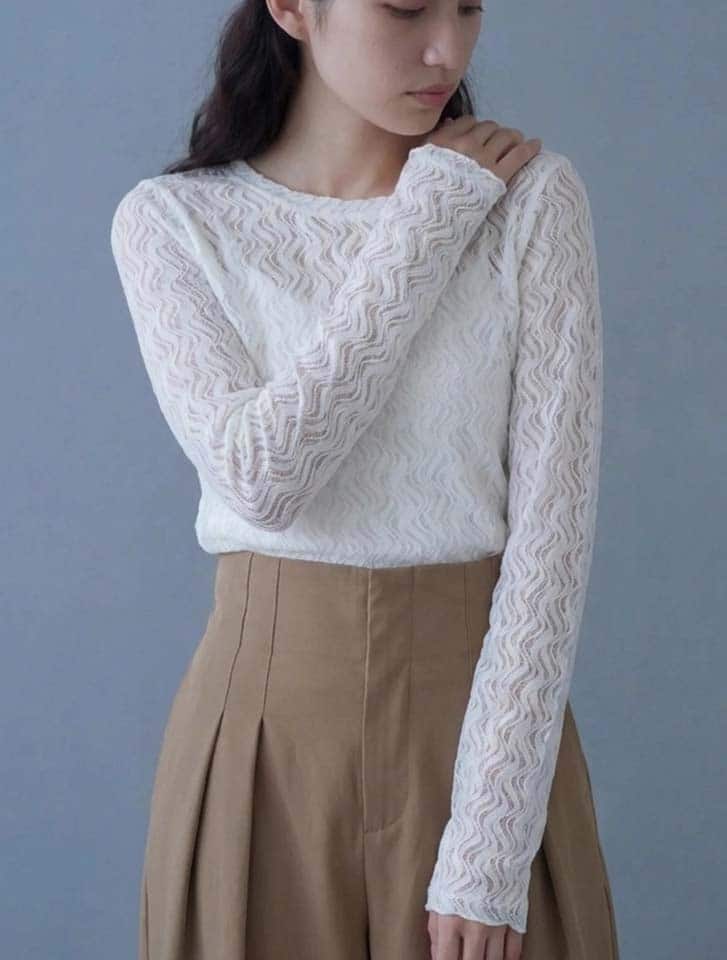起毛レースクルーネックトップス