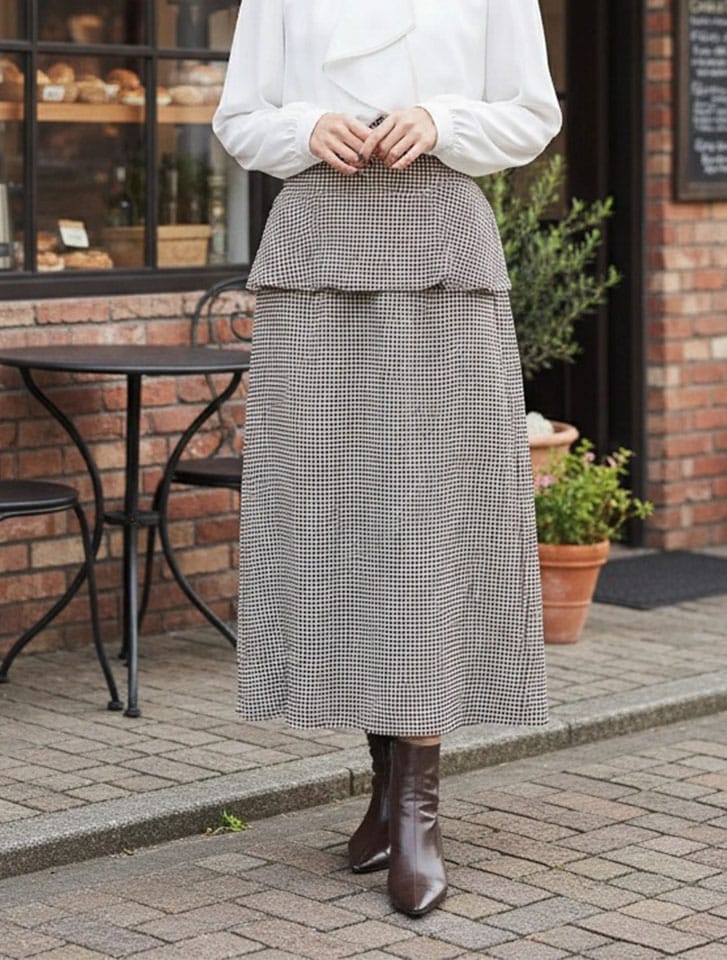  【U150サイズあり】千鳥チェックペプラムナロースカート