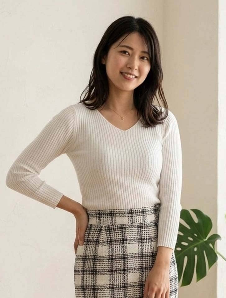 Vネックリブニット