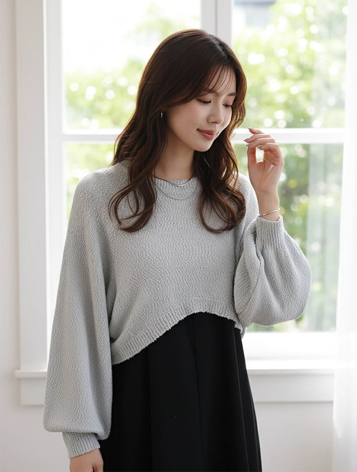 ラメ混ファンシーヤーンボリュームスリーブニット