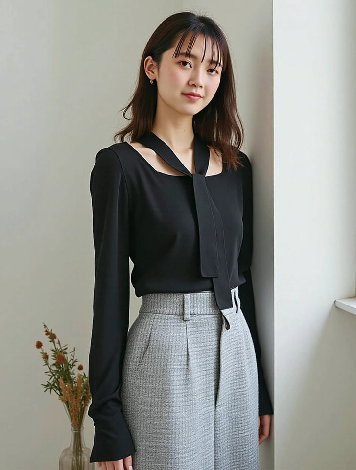 ストラップ付スクエアネックニット