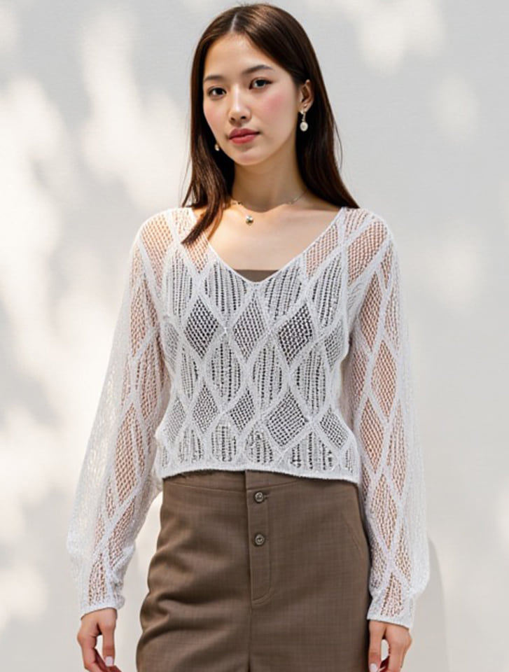 ダイヤ透かし編みニット