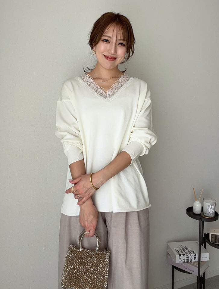 【miyopuセレクト】 衿レースVネックプルオーバー