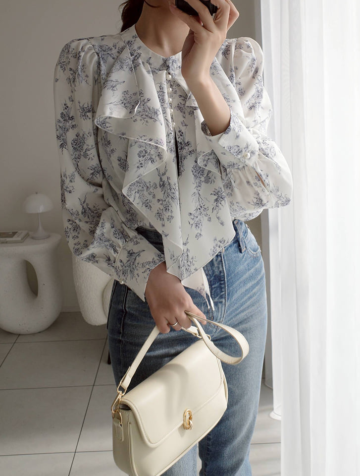 【cho____07セレクト】 フラワープリントパールフリルブラウス