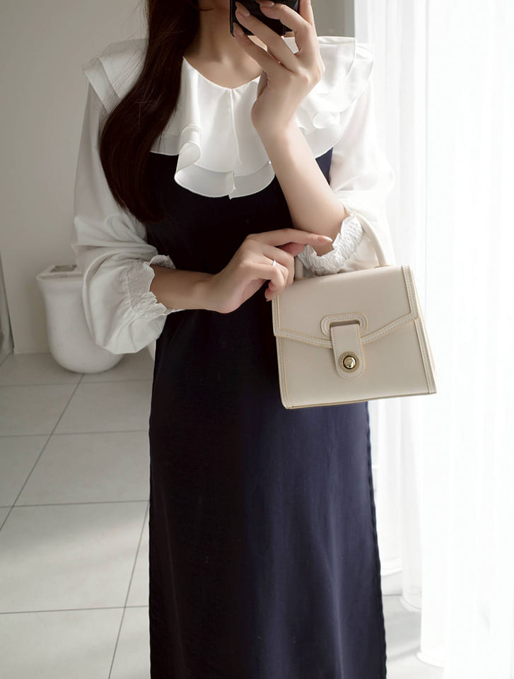 【cho____07セレクト】 衿元フリル異素材ドッキングワンピース			