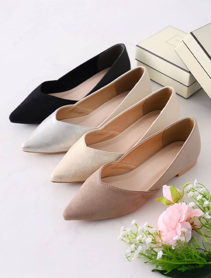 ポインテッドトゥVカット切り替えデザインフラットパンプス