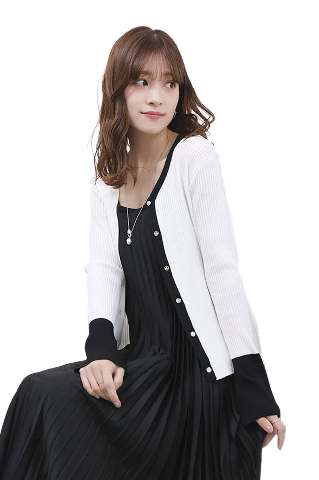 Vネック配色リブニットカーディガン